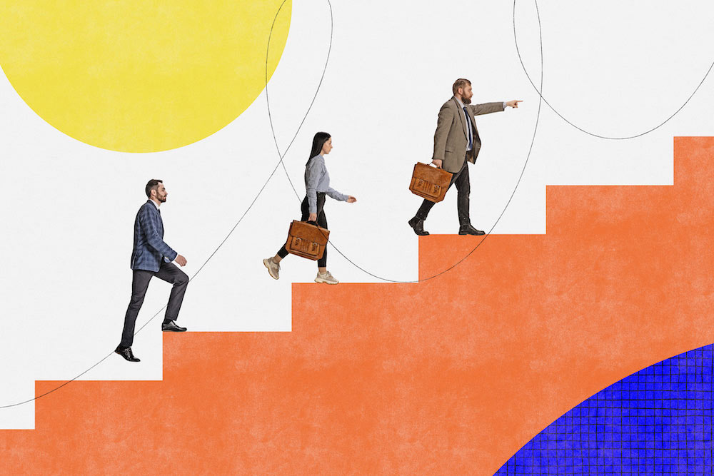 illustration of business people walking up a stairs concept goal success career