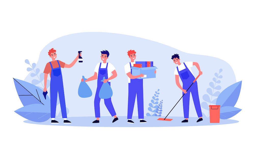 Illustration of cleaners in uniform cleaning house or office