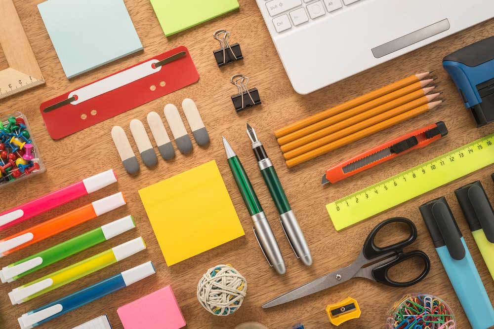 School office supplies on a desk